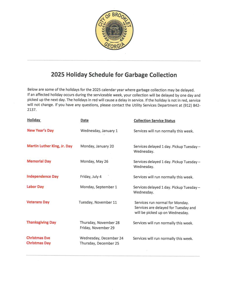 2025 Sanitation Holiday Schedule